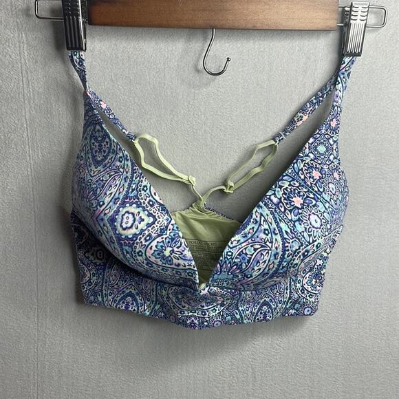 Victoria's Secret blue green patterned lightly lined plunge t-shirt bra 32D - Picture 1 of 3